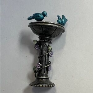 Silver Bird Bath Brooch with Blue Birds